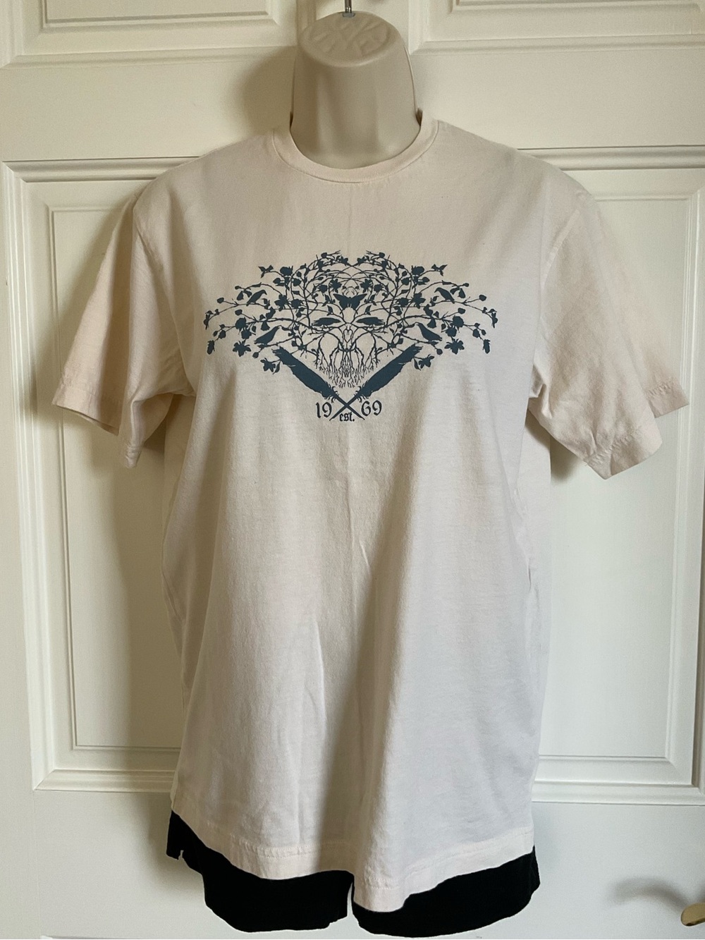 Unisex Vintage Gap Cream Graphic Tee with Blue Nature Print w/ Butterfly